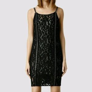 NWT All Saints Asha Black Lace Gunmetal Chain Mini Dress Size 4